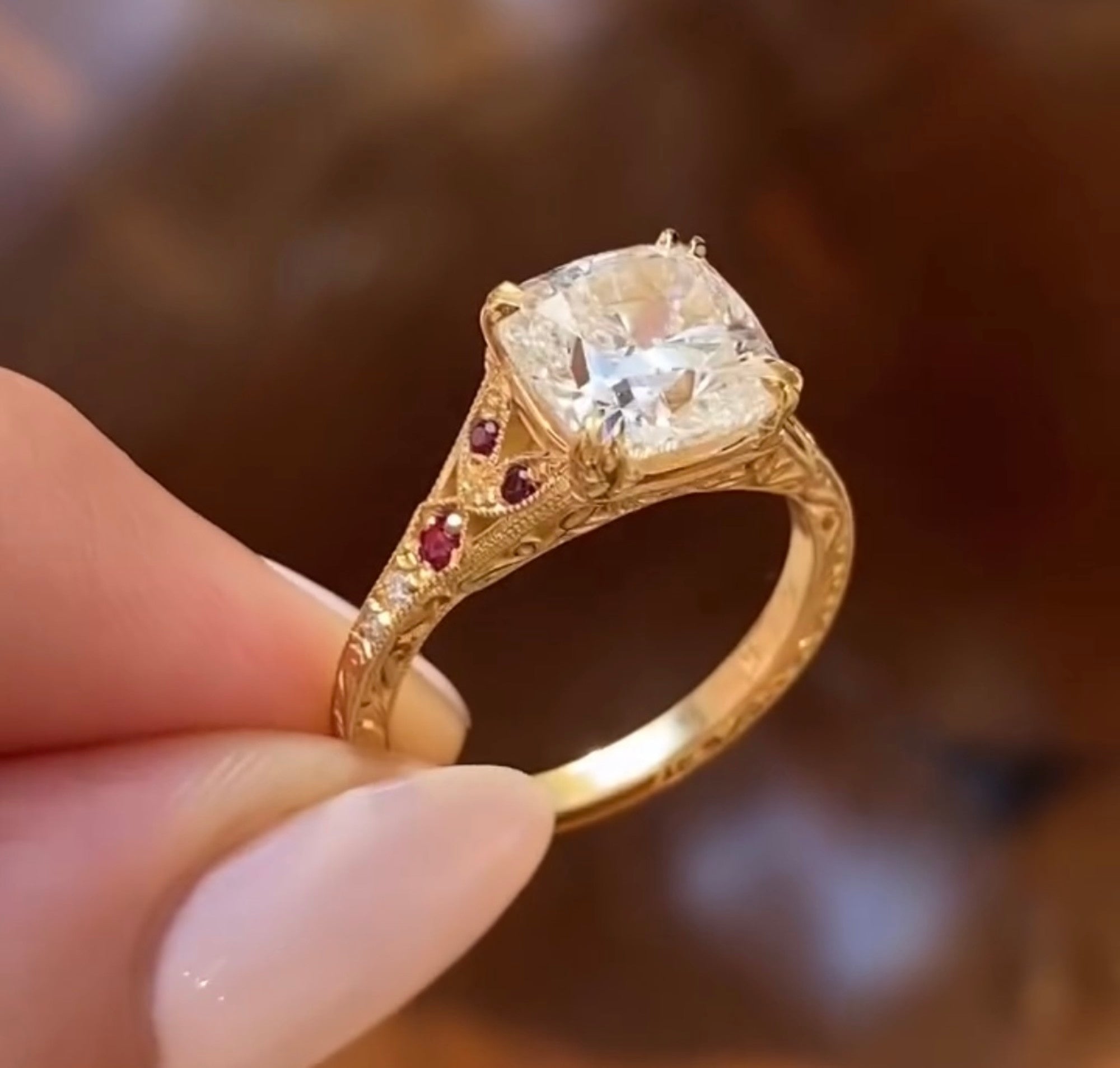 Double Claw Prong  Cushion Vintage Moissanite Engagement Ring Art deco Gold Wedding Nature Inspired Ring