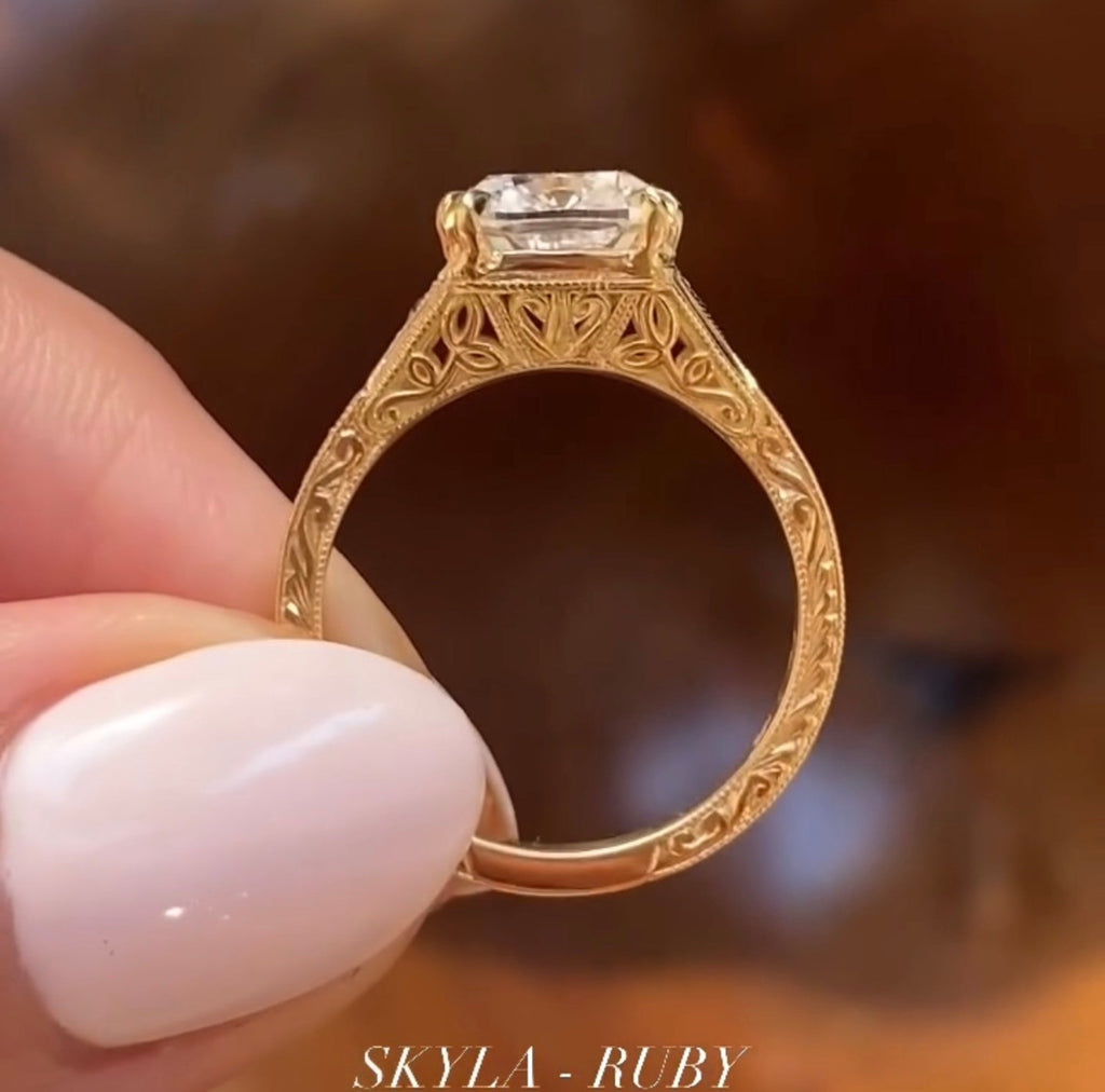 Double Claw Prong  Cushion Vintage Moissanite Engagement Ring Art deco Gold Wedding Nature Inspired Ring