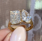 4.50 TCW Vintage Toi Et Moi  Emerald And Pear Moissanite Art Deco Engagement Ring Gold you And Me Ring
