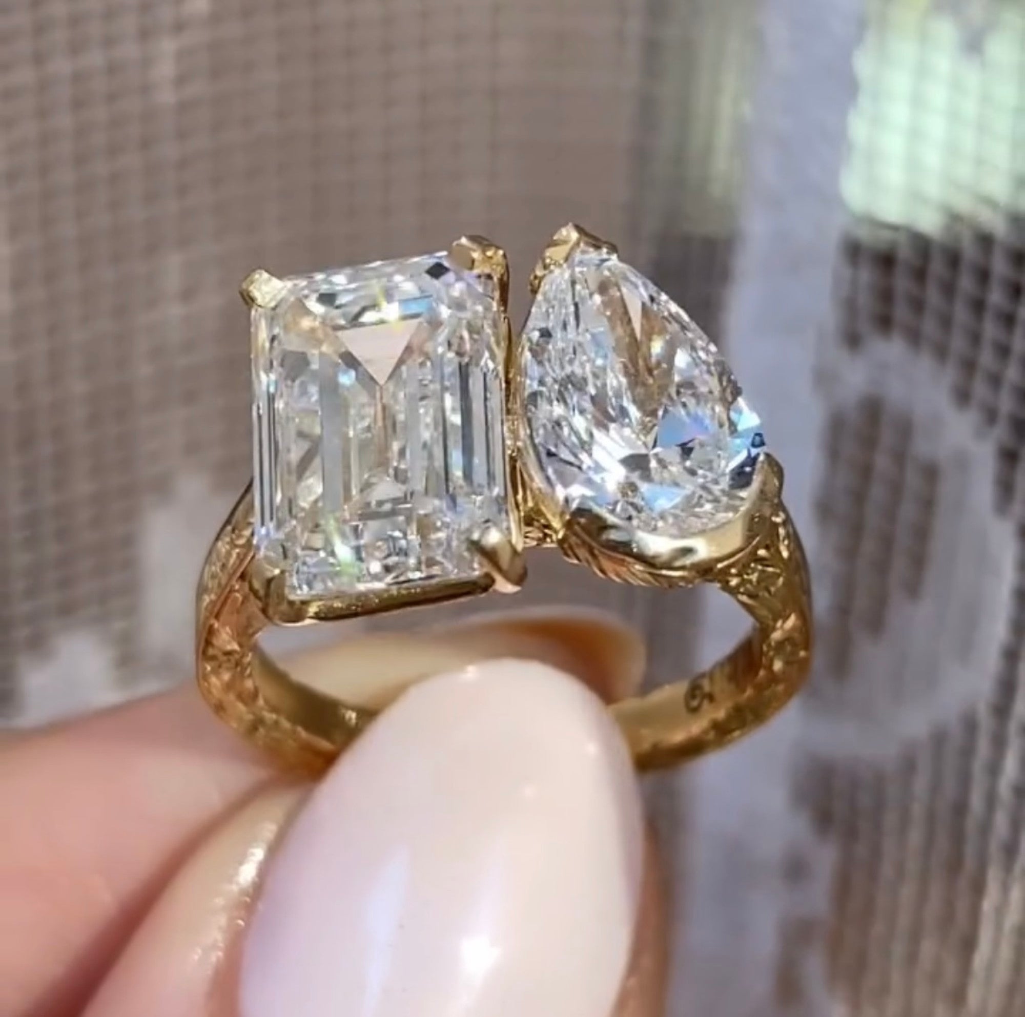 4.50 TCW Vintage Toi Et Moi  Emerald And Pear Moissanite Art Deco Engagement Ring Gold you And Me Ring