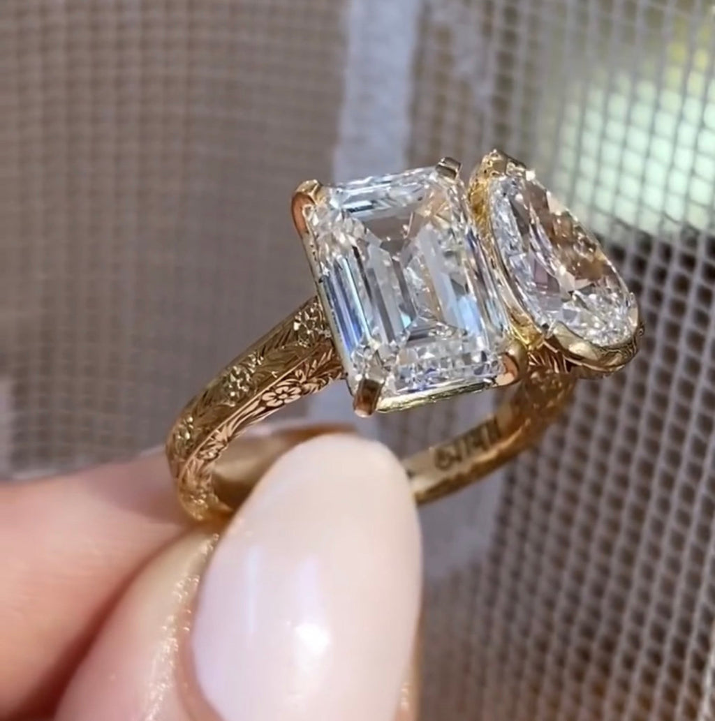 4.50 TCW Vintage Toi Et Moi  Emerald And Pear Lab Grown Art Deco Engagement Ring Gold you And Me Ring