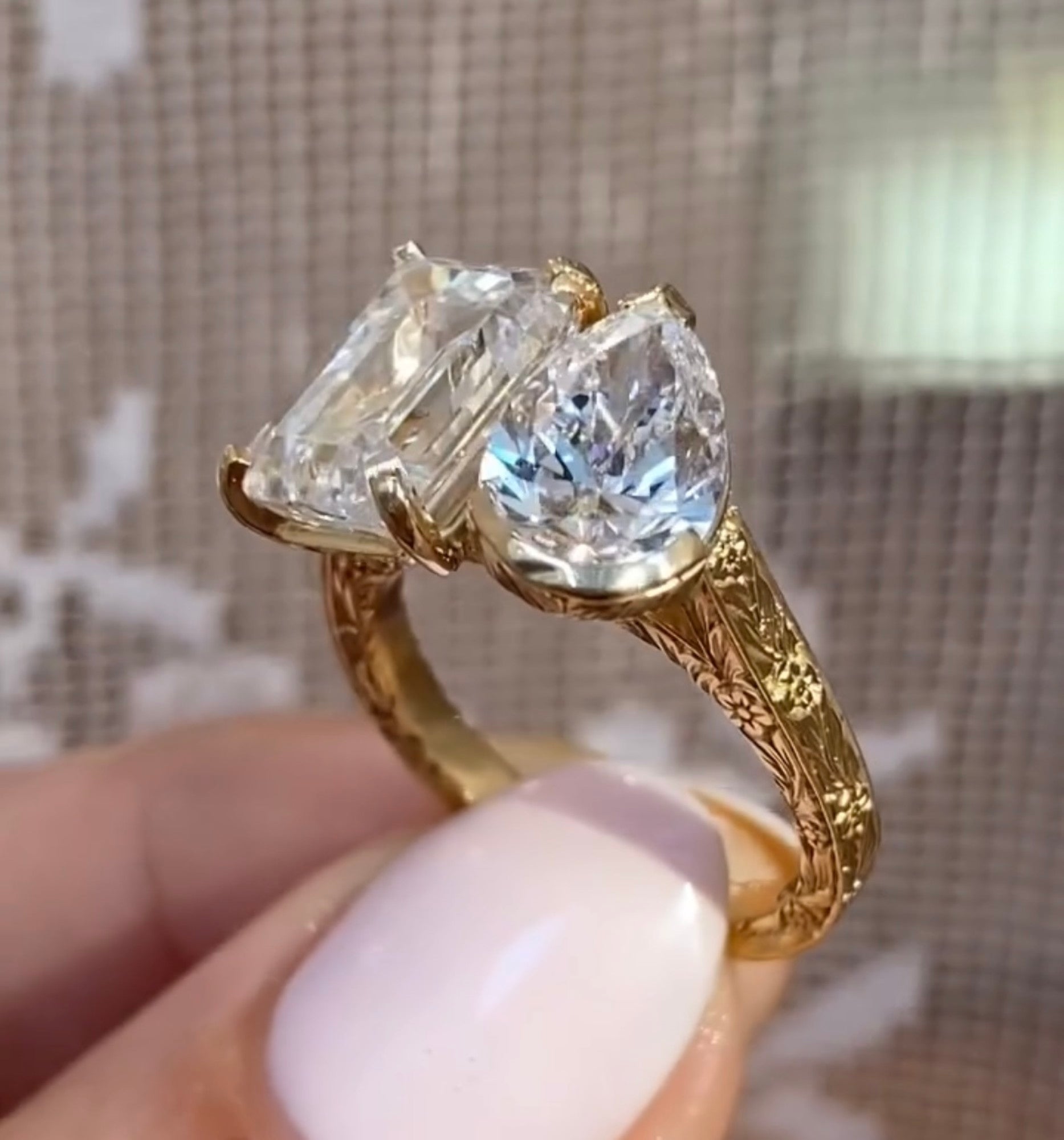 4.50 TCW Vintage Toi Et Moi  Emerald And Pear Lab Grown Art Deco Engagement Ring Gold you And Me Ring