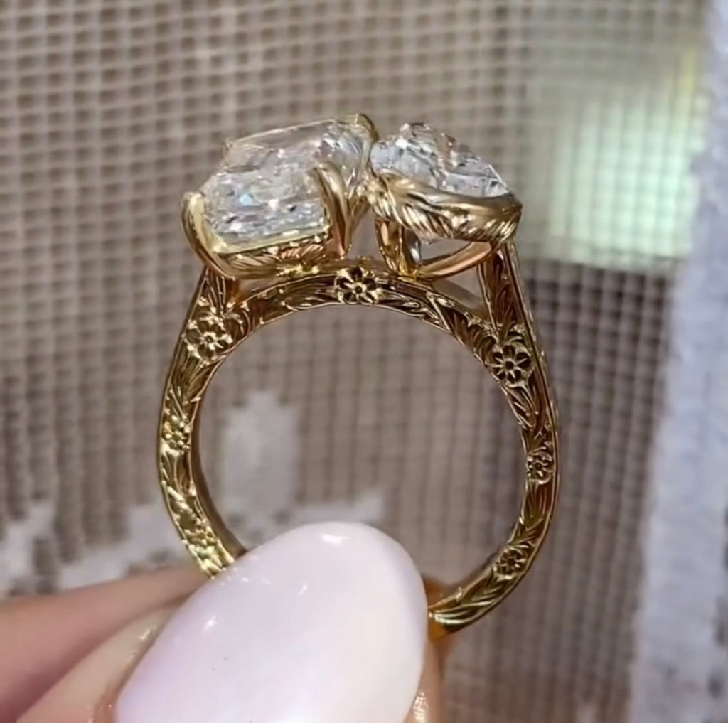 4.50 TCW Vintage Toi Et Moi  Emerald And Pear Moissanite Art Deco Engagement Ring Gold you And Me Ring
