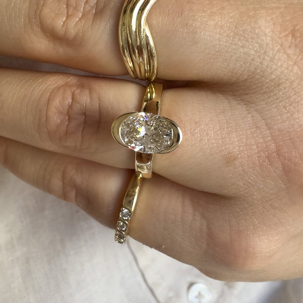 Half Bezel Oval Cut Lab Grown Engagement Ring Unique Gold Wedding Anniversary Ring
