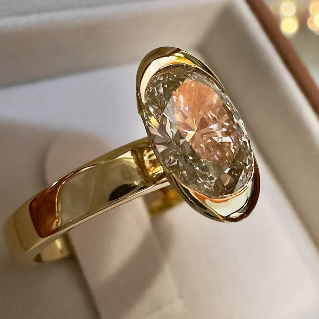 Half Bezel Oval Cut Lab Grown Engagement Ring Unique Gold Wedding Anniversary Ring