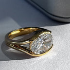 Half Bezel Oval Lab Grown Engagement Ring East West Gold Split Shank Wedding Ring
