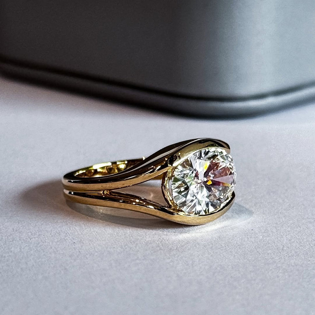 Half Bezel Oval Lab Grown Engagement Ring East West Gold Split Shank Wedding Ring