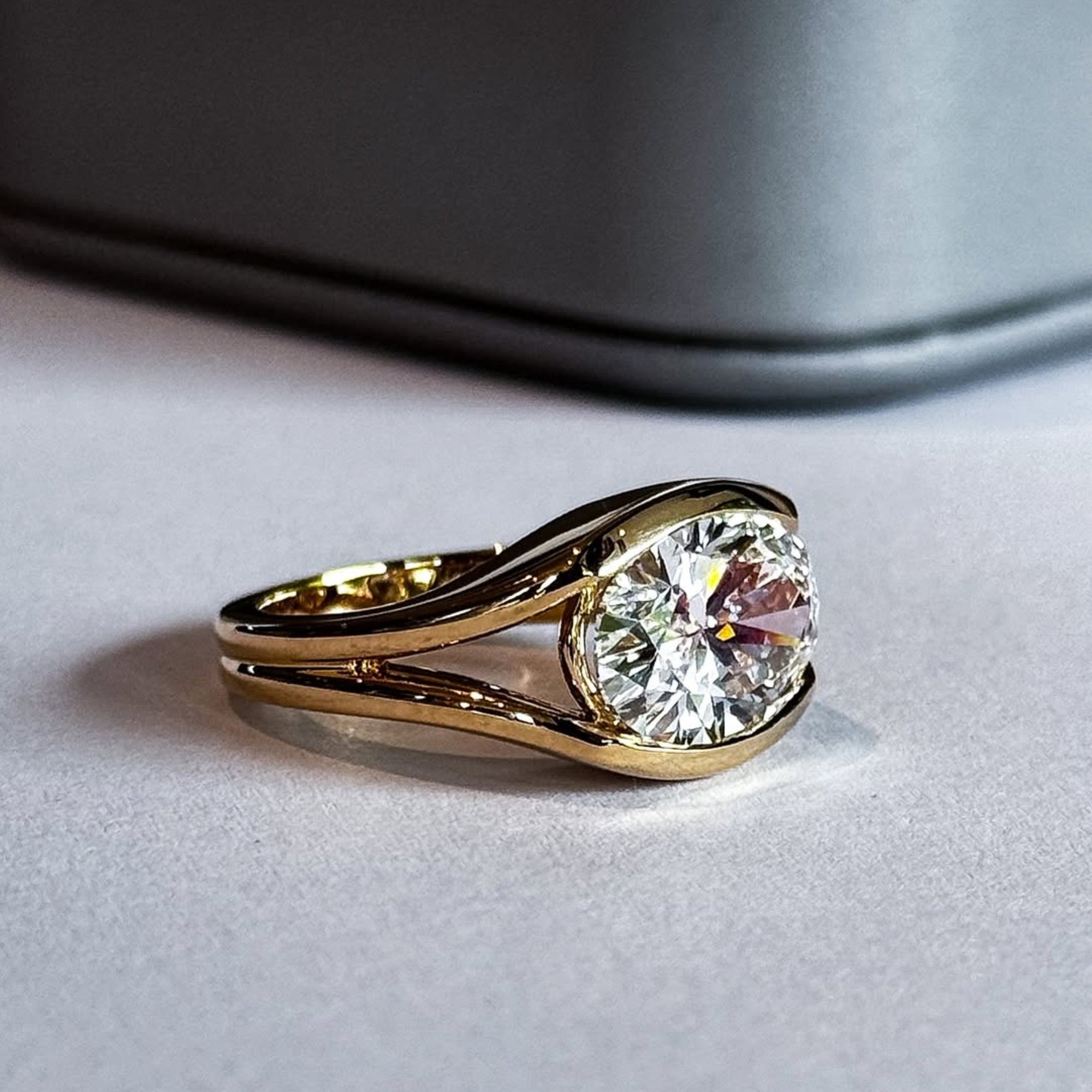 Half Bezel Oval Lab Grown Engagement Ring East West Gold Split Shank Wedding Ring