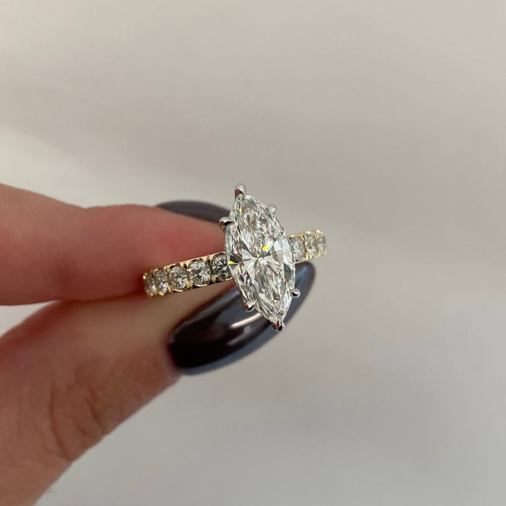 Marquise Moissanite Diamond Engagement Ring Yellow Gold Band With Side Diamonds Vintage Milgrain Setting