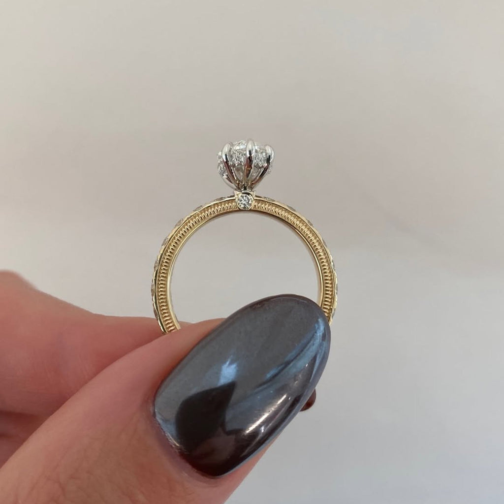 Marquise Moissanite Diamond Engagement Ring Yellow Gold Band With Side Diamonds Vintage Milgrain Setting