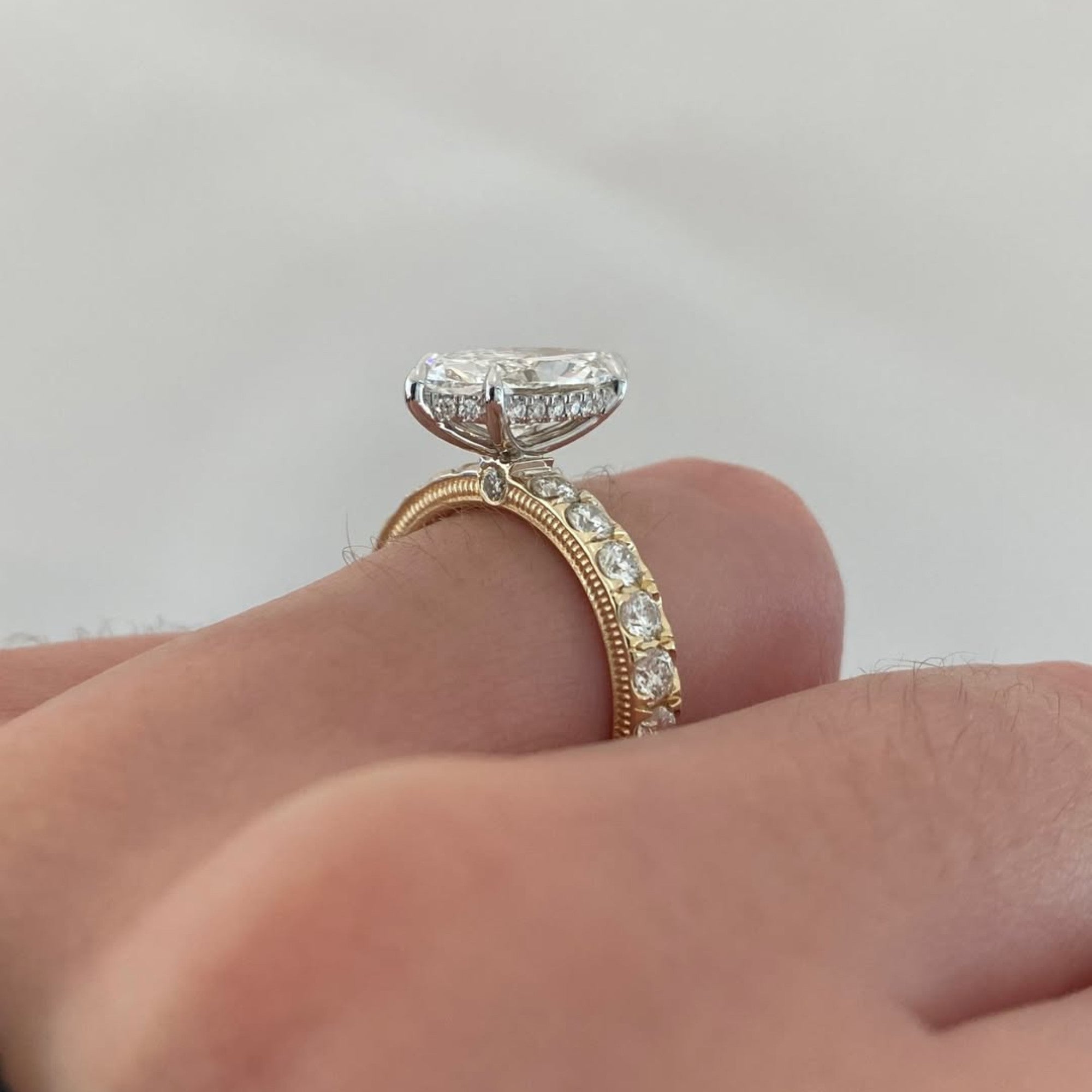 Marquise  Lab Grown Diamond Engagement Ring Yellow Gold Band With Side Diamonds Vintage Milgrain Setting