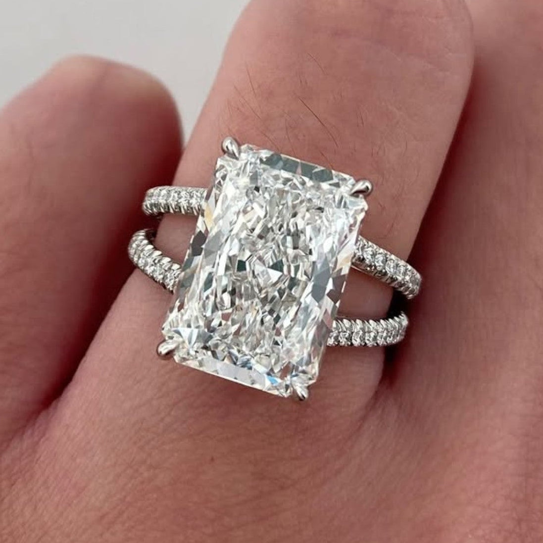 Radiant Lab Grown Diamond Engagement Ring Split Shank Double Band White Gold Luxury Ring