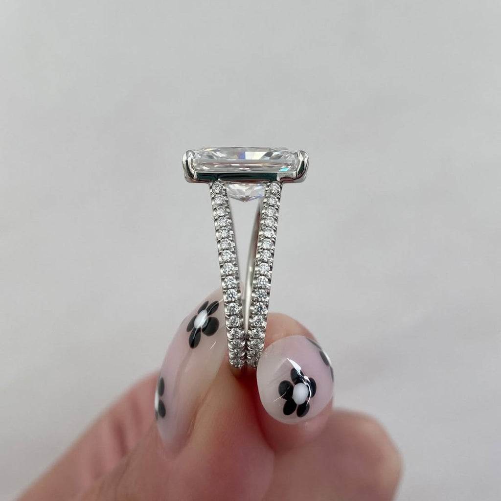 Radiant Moissanite Diamond Engagement Ring Split Shank Double Band White Gold Luxury Ring