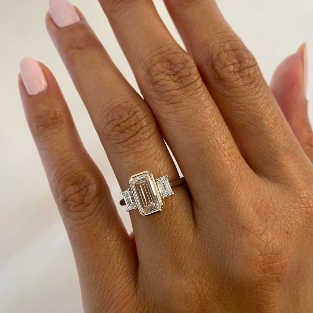 Emerald Cut Moissanite Diamond Three Stone Engagement Ring Bezel Setting Handmade Luxury Ring