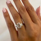 Emerald Cut Lab Grown  Diamond Three Stone Engagement Ring Bezel Setting Handmade Luxury Ring