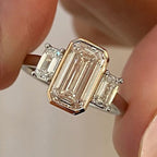 Emerald Cut Lab Grown  Diamond Three Stone Engagement Ring Bezel Setting Handmade Luxury Ring