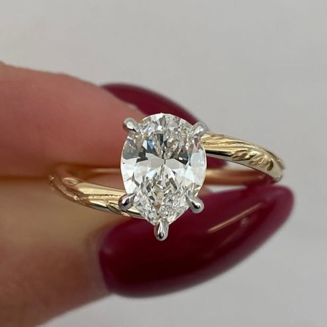 Bypass  Pear Lab Grown Diamond Engagement Ring Yellow Gold Engraved Band Vintage Solitaire Luxury