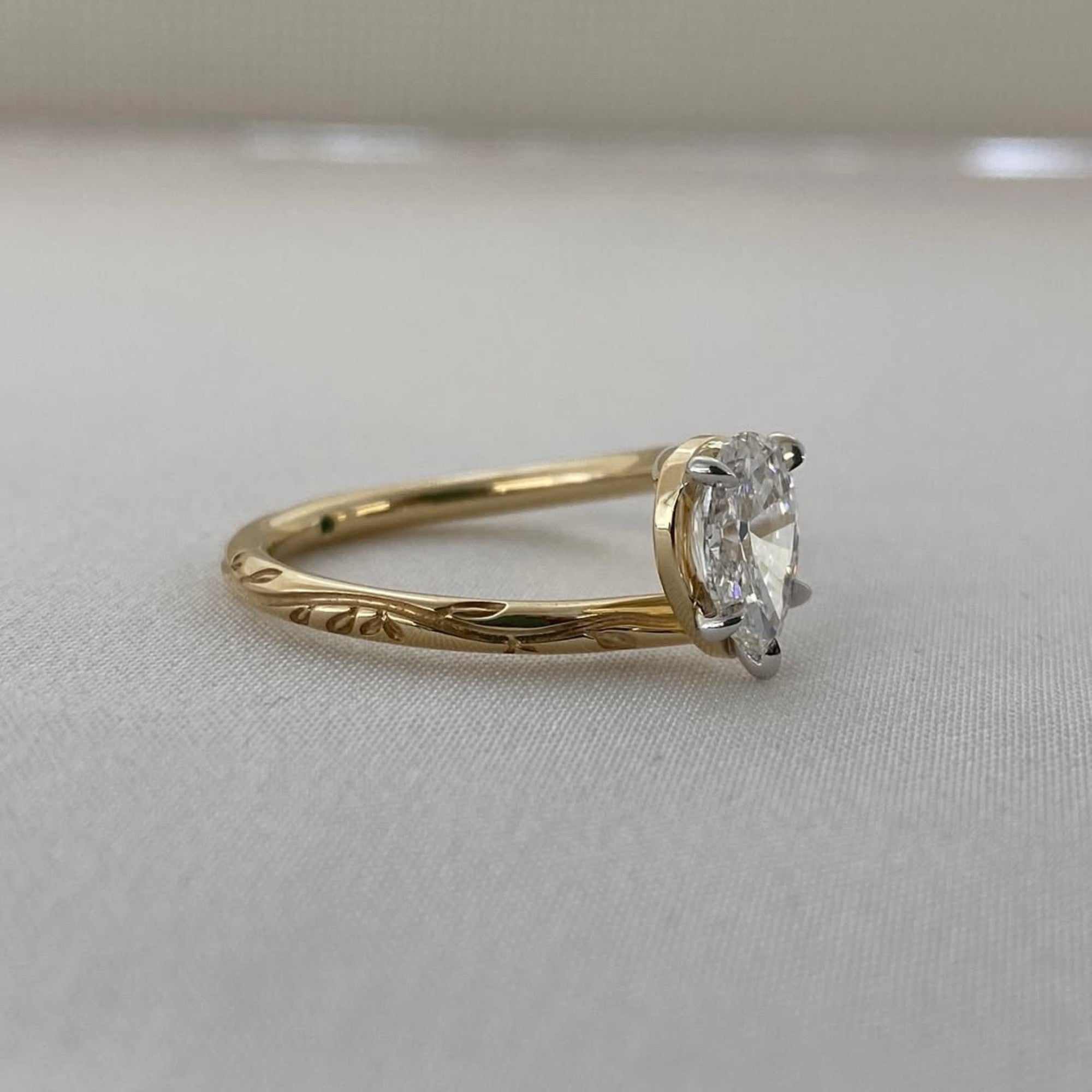 Bypass  Pear Moissanite Diamond Engagement Ring Yellow Gold Engraved Band Vintage Solitaire Luxury