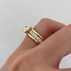 East West Yellow Cushion Moissanite Engagement Ring Half Bezel Solid Gold Wedding Ring