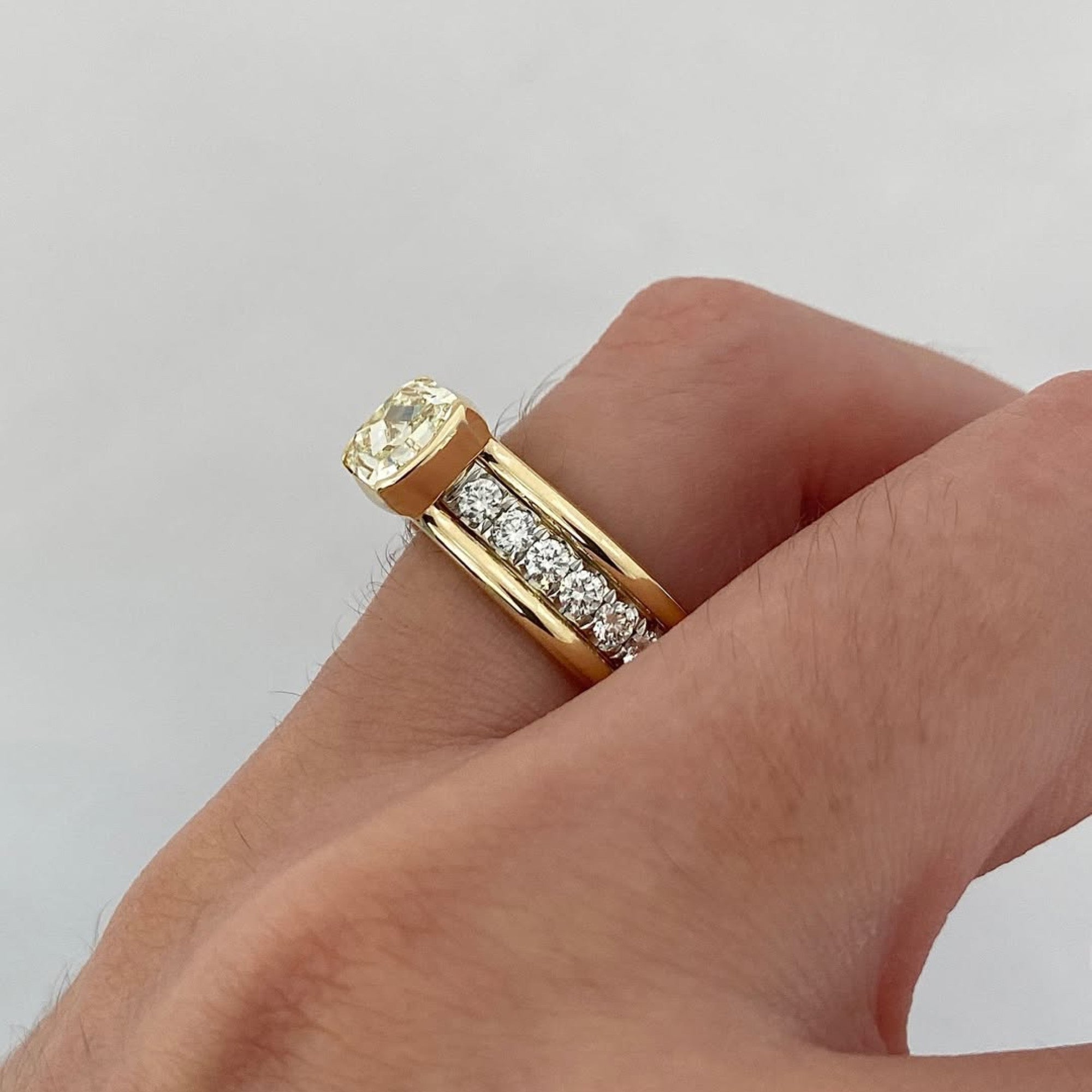 East West Yellow Cushion Moissanite Engagement Ring Half Bezel Solid Gold Wedding Ring