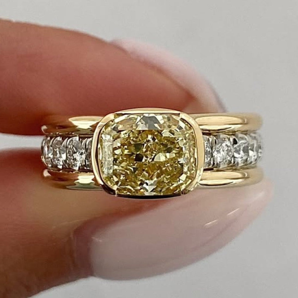 East West Yellow Cushion Moissanite Engagement Ring Half Bezel Solid Gold Wedding Ring