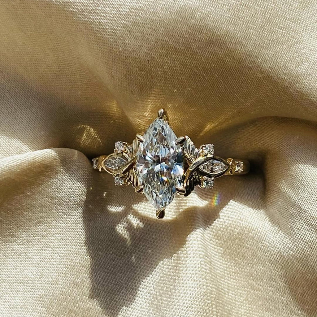 Cluster Marquise Moissanite Engagement Ring Art Deco Gold Vintage Wedding Ring