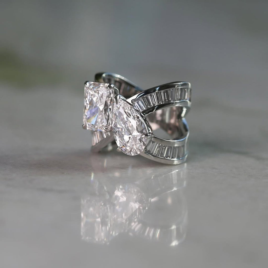 6.48 TCW Toi Et Moi Moissanite Diamond Engagement Ring Radiant Pear Cut Baguette Band White Gold Wedding Ring