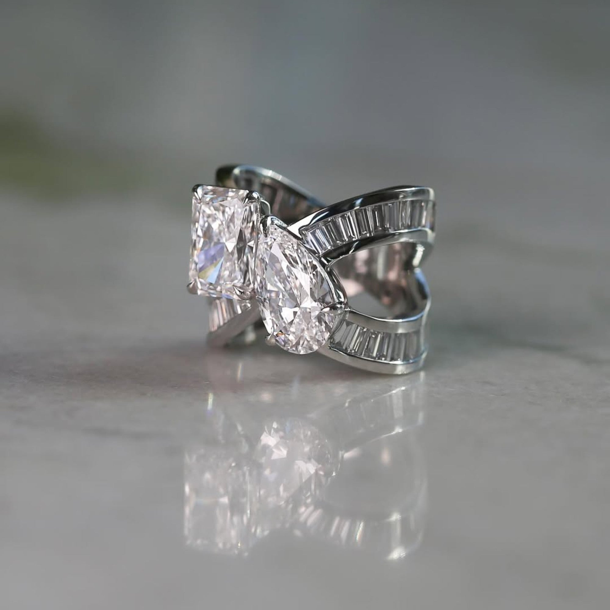 6.48 TCW Toi Et Moi Lab Grown Diamond Engagement Ring Radiant Pear Cut Baguette Band White Gold Wedding Ring