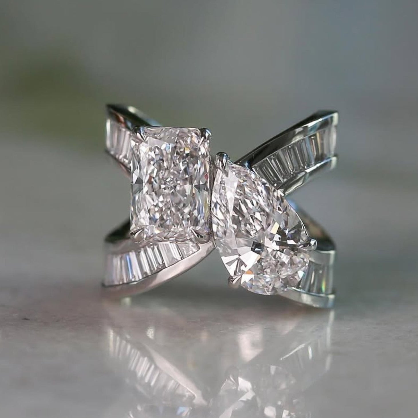 6.48 TCW Toi Et Moi Moissanite Diamond Engagement Ring Radiant Pear Cut Baguette Band White Gold Wedding Ring