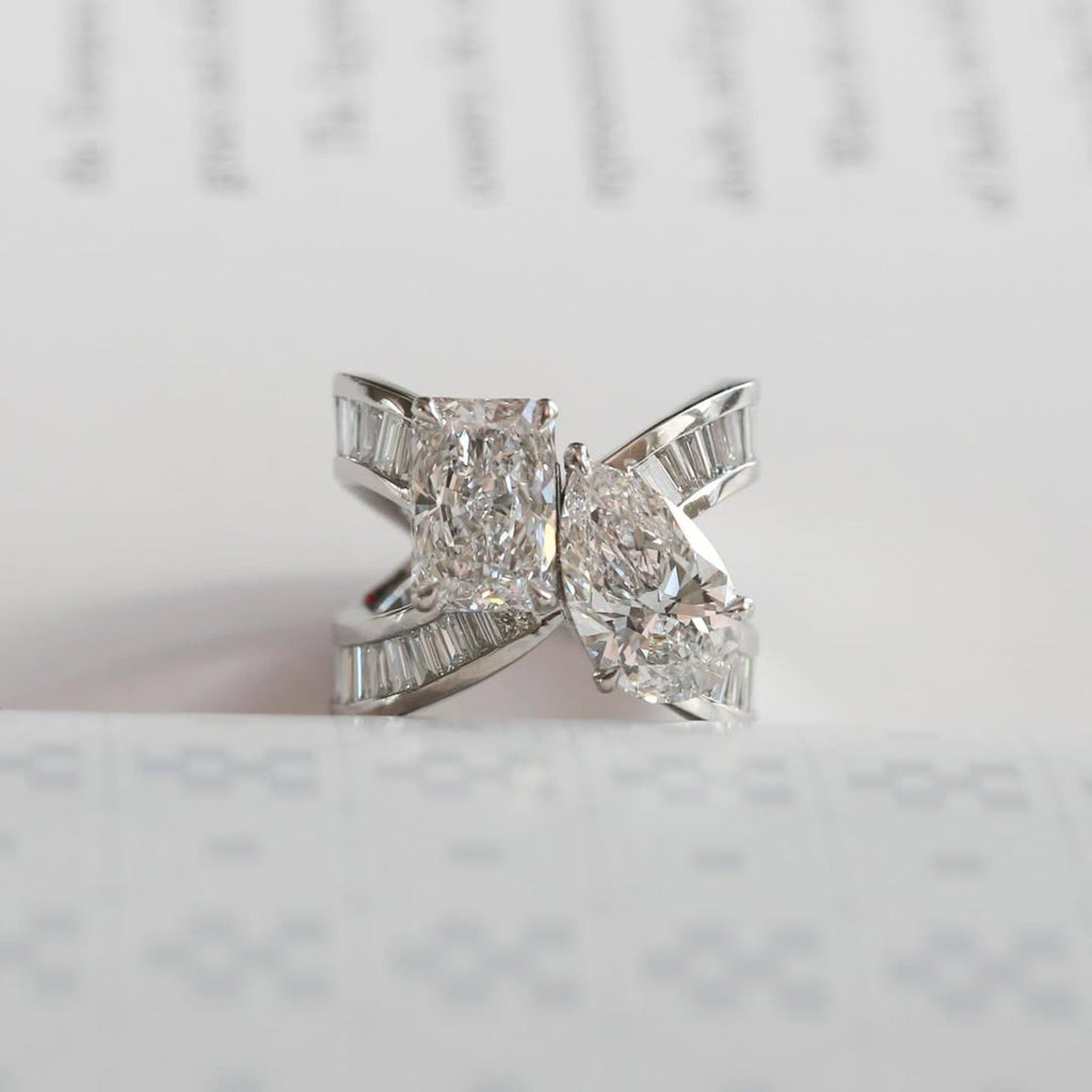 6.48 TCW Toi Et Moi Lab Grown Diamond Engagement Ring Radiant Pear Cut Baguette Band White Gold Wedding Ring