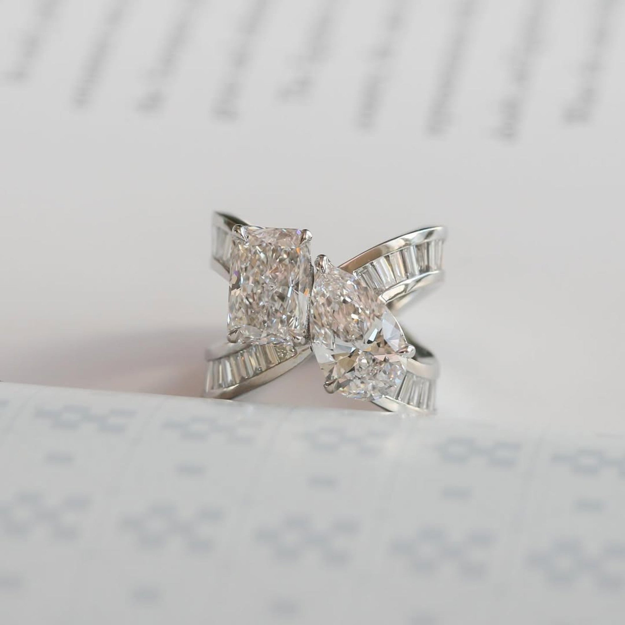 6.48 TCW Toi Et Moi Moissanite Diamond Engagement Ring Radiant Pear Cut Baguette Band White Gold Wedding Ring