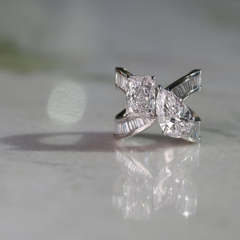 6.48 TCW Toi Et Moi Lab Grown Diamond Engagement Ring Radiant Pear Cut Baguette Band White Gold Wedding Ring