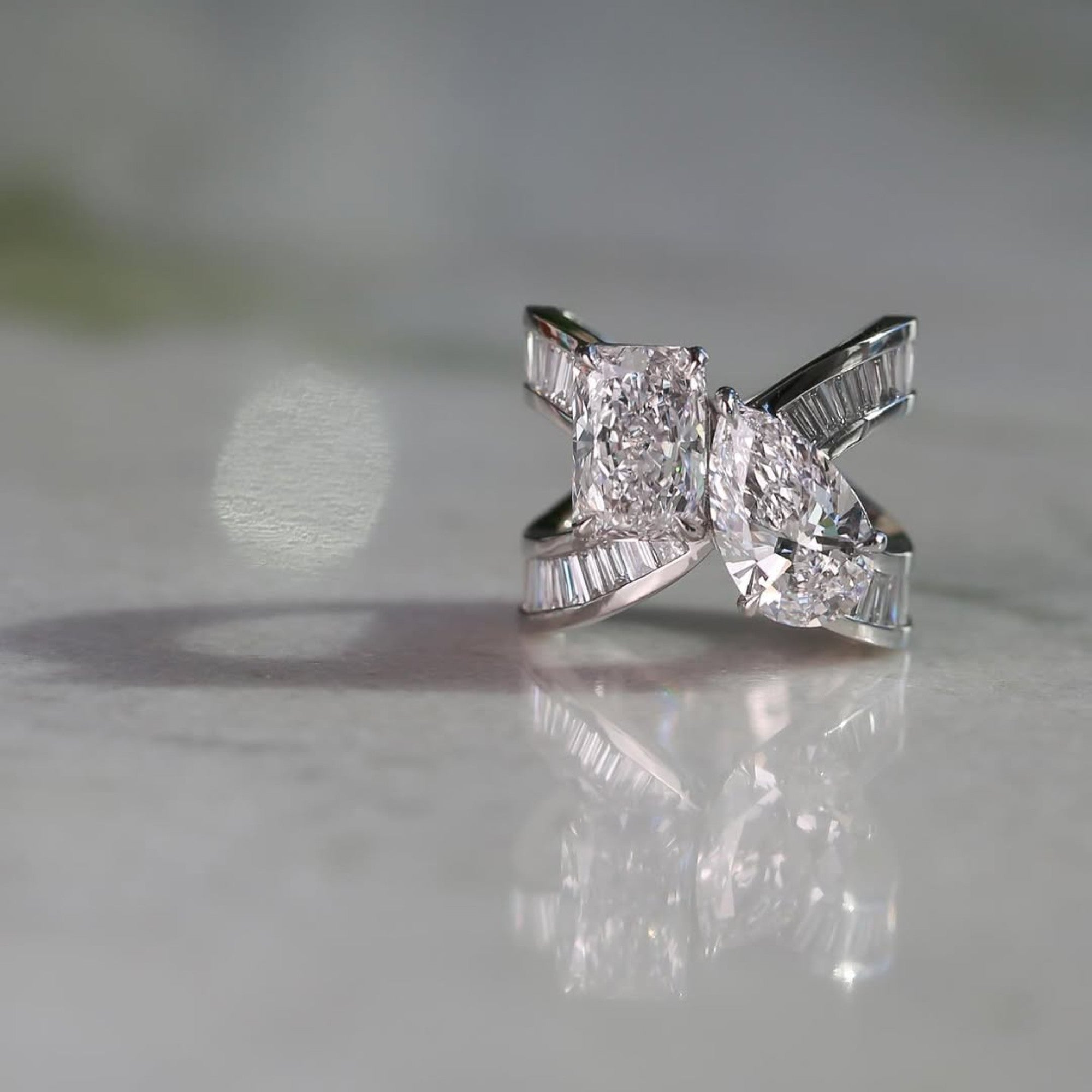 6.48 TCW Toi Et Moi Lab Grown Diamond Engagement Ring Radiant Pear Cut Baguette Band White Gold Wedding Ring