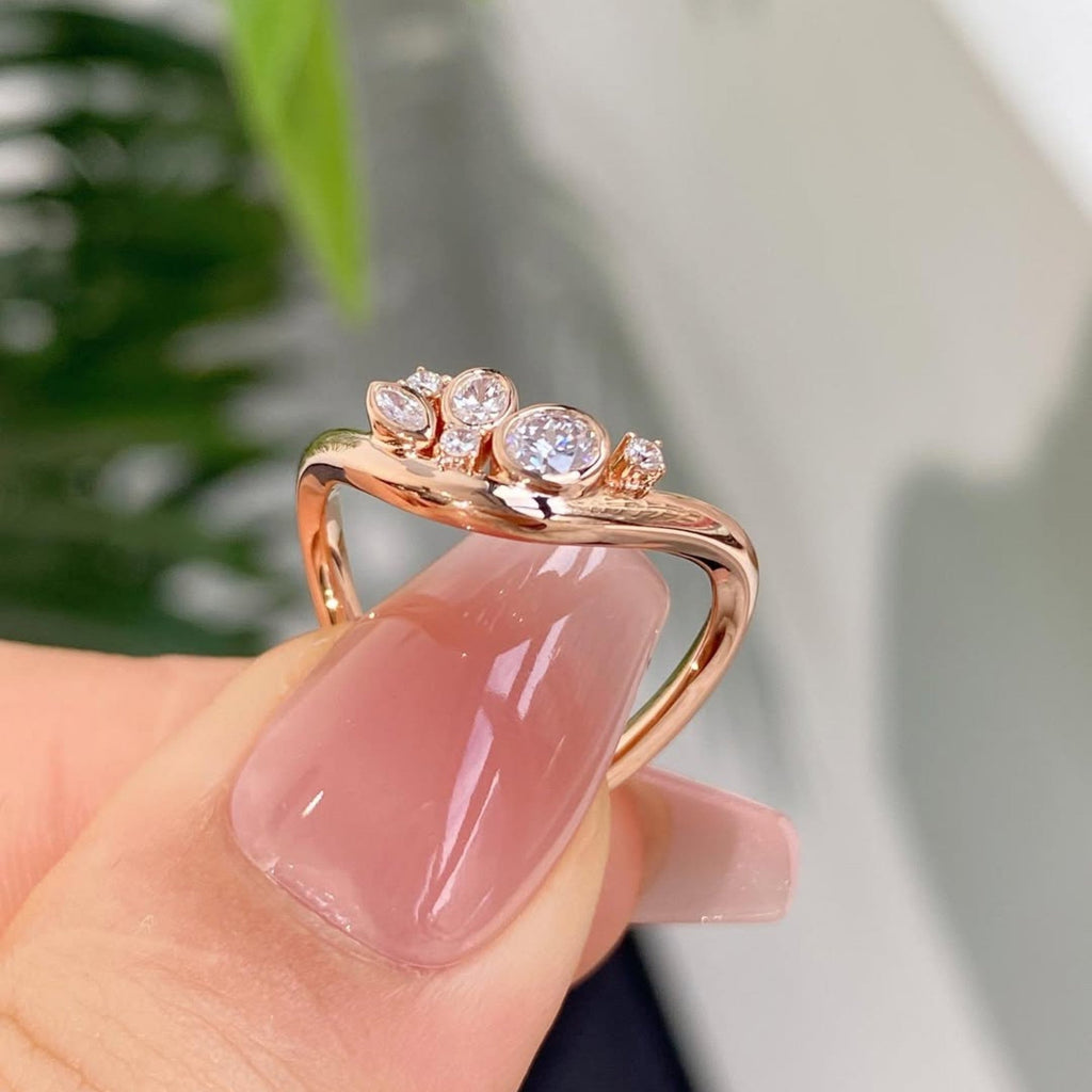 0.48 TCW Curve Bezel Set Round And Oval And Marquise Moissanite Wedding Band Minimalist  Gold Stackable Band Anniversary Matching Band
