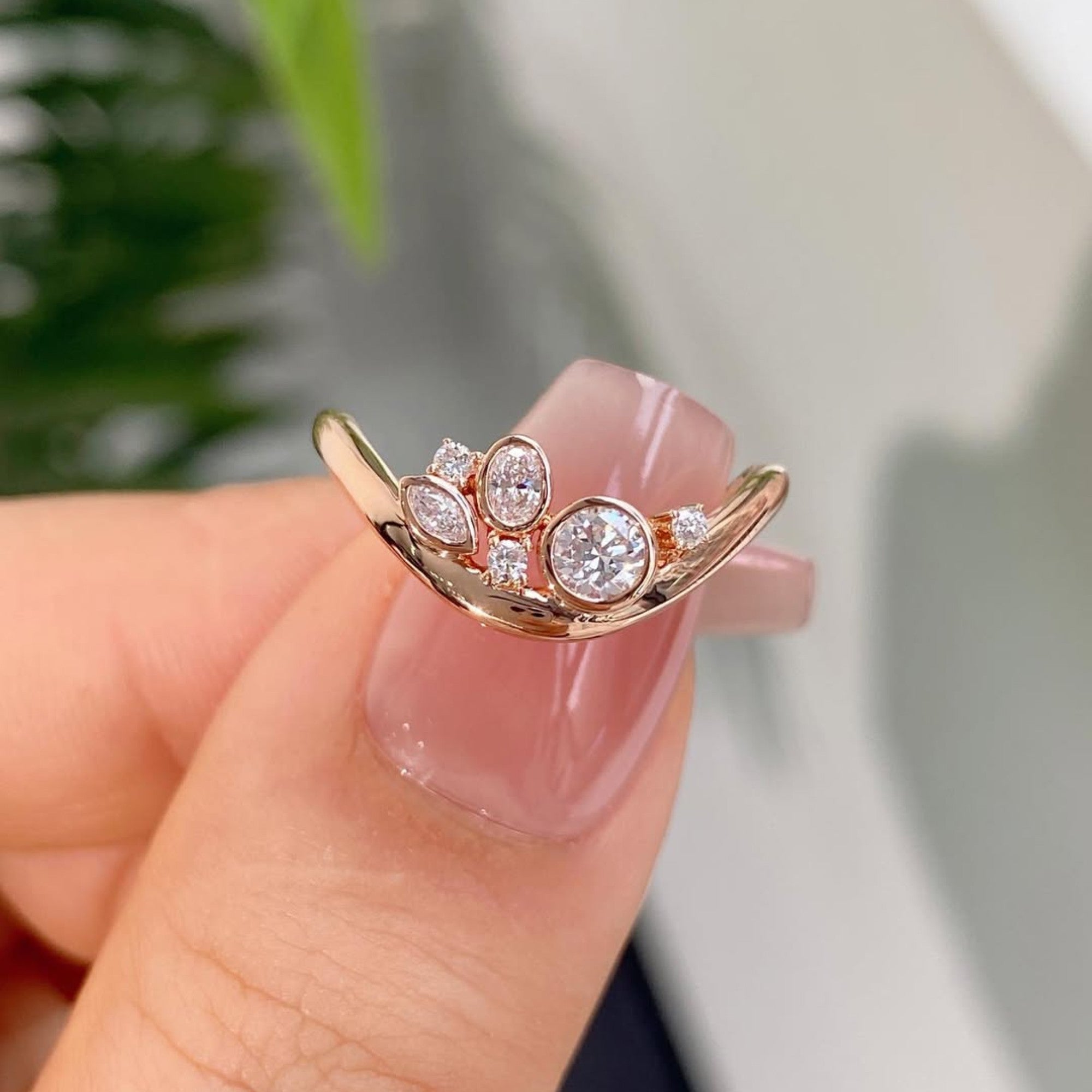 0.48 TCW Curve Bezel Set Round And Oval And Marquise Moissanite Wedding Band Minimalist  Gold Stackable Band Anniversary Matching Band