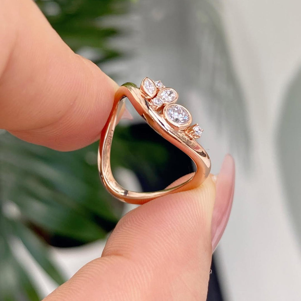 0.48 TCW Curve Bezel Set Round And Oval And Marquise Moissanite Wedding Band Minimalist  Gold Stackable Band Anniversary Matching Band