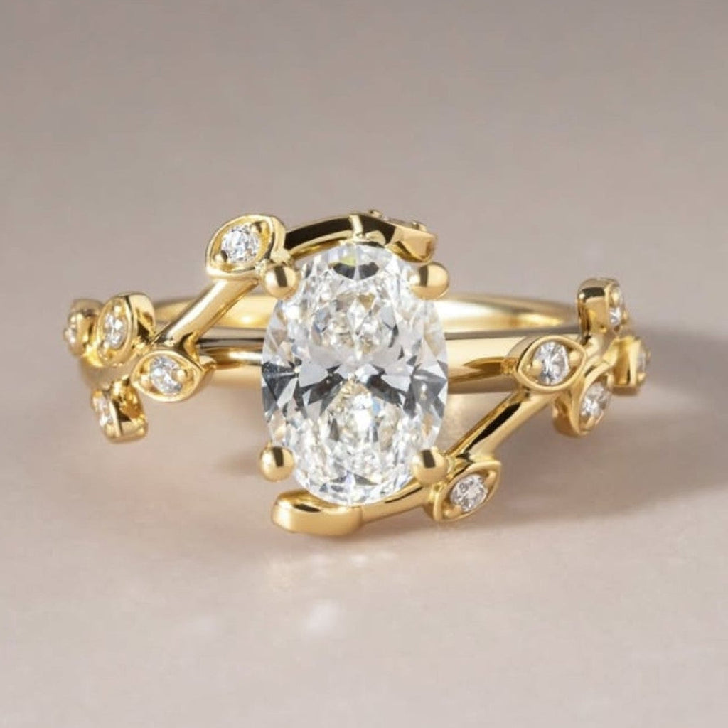 Leap Floral Oval Lab Grown Engagement Ring Art Deco Gold Vintage Wedding Ring