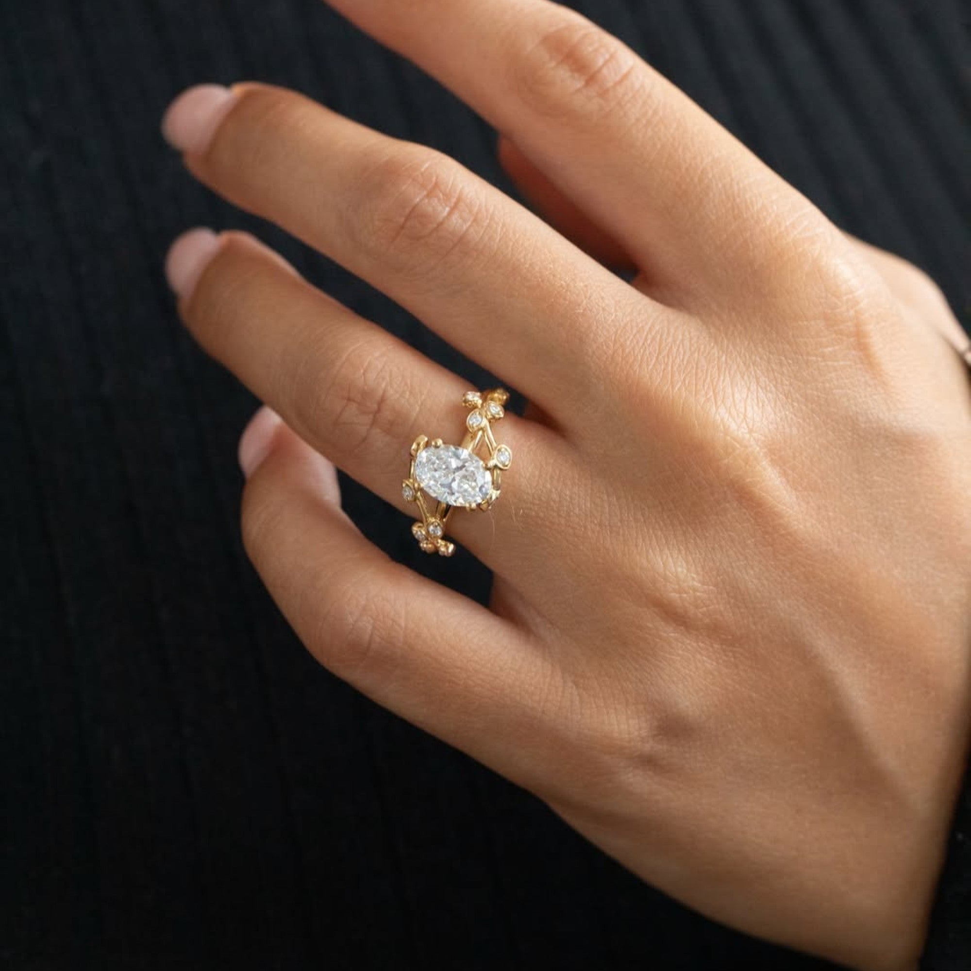 Leap Floral Oval Lab Grown Engagement Ring Art Deco Gold Vintage Wedding Ring