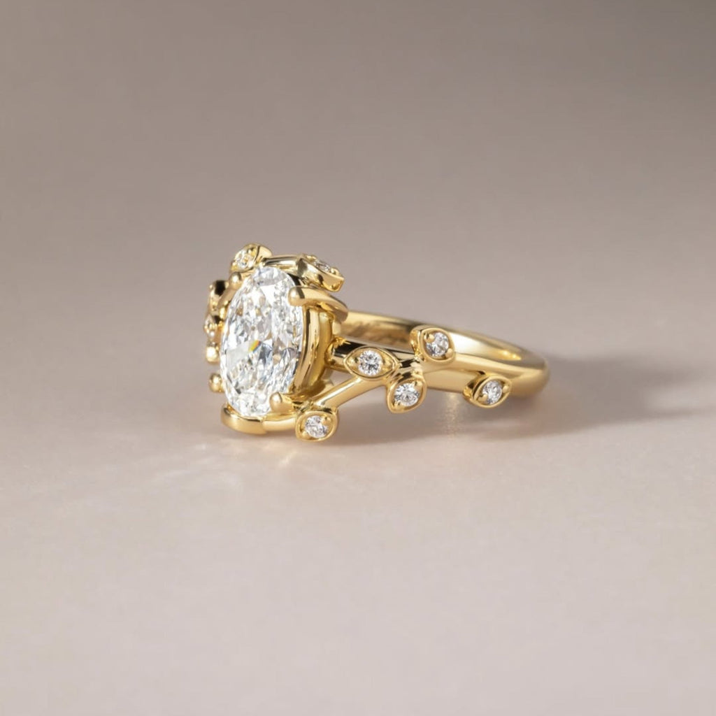 Leap Floral Oval Lab Grown Engagement Ring Art Deco Gold Vintage Wedding Ring