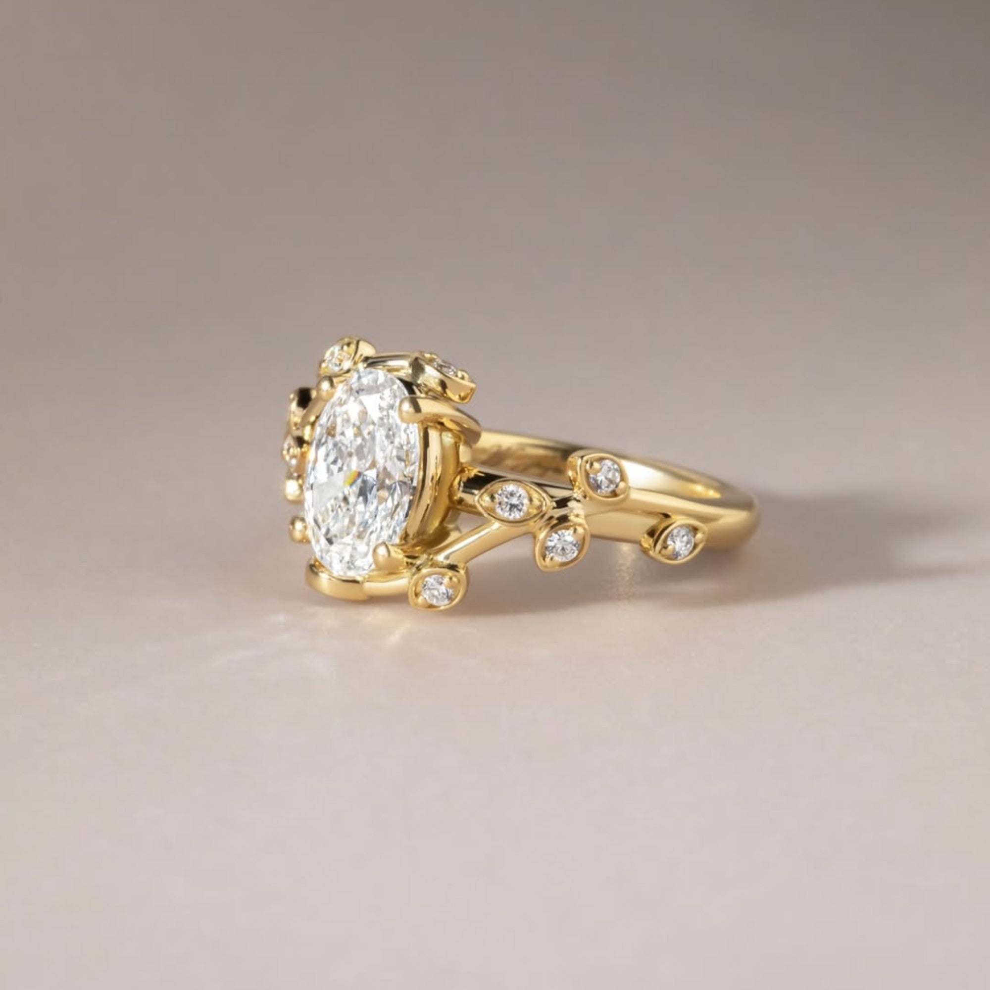 Leap Floral Oval Lab Grown Engagement Ring Art Deco Gold Vintage Wedding Ring