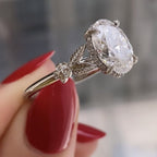 Oval Lab Grown Diamond Engagement Ring with Floral Leaf Art Deco Setting in White Gold