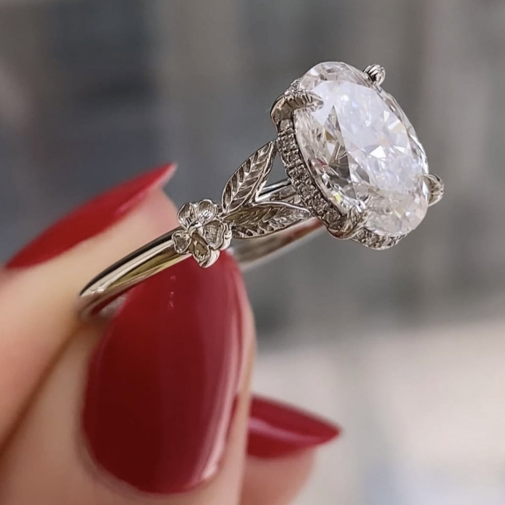 Oval Moissanite Diamond Engagement Ring with Floral Leaf Art Deco Setting in White Gold