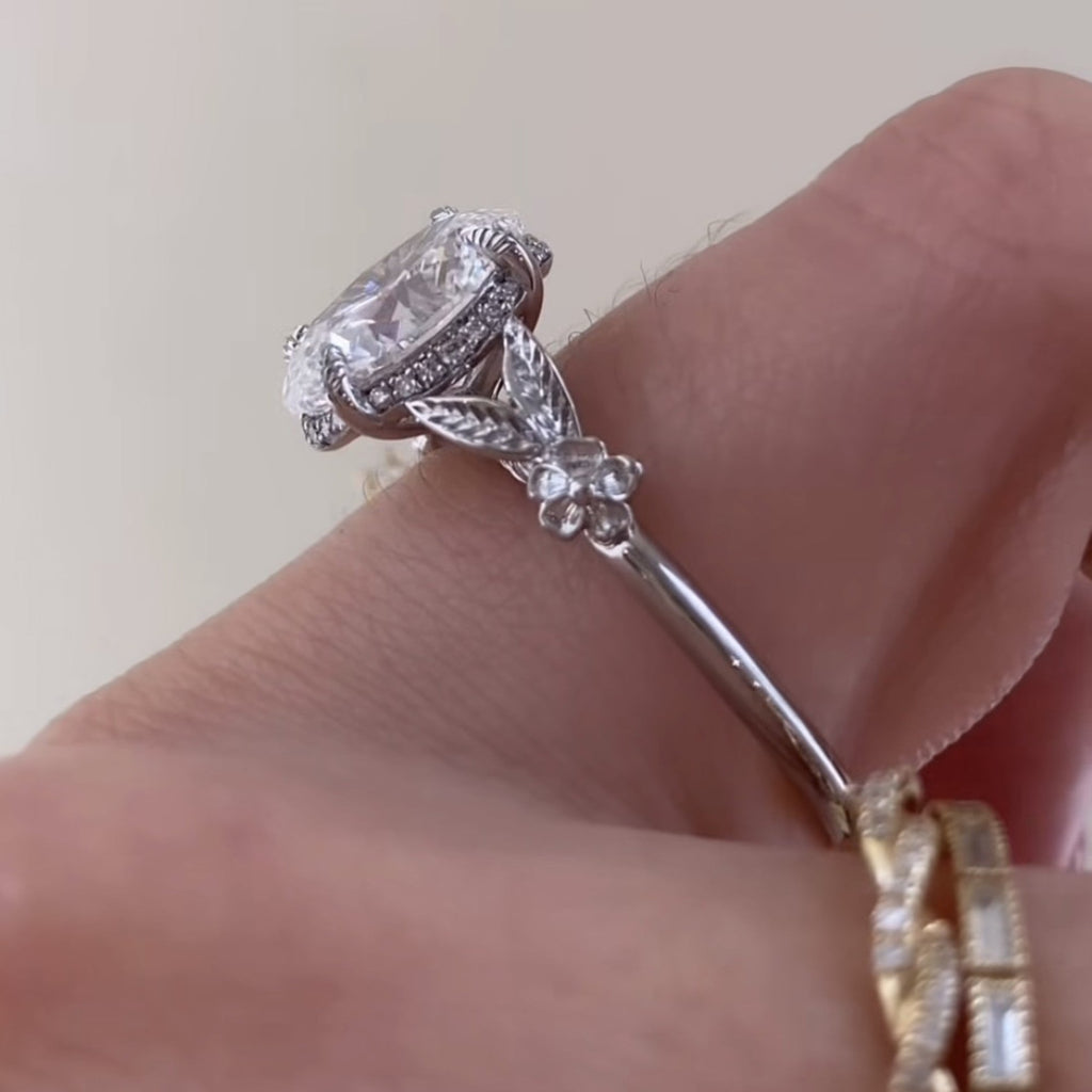 Oval Lab Grown Diamond Engagement Ring with Floral Leaf Art Deco Setting in White Gold