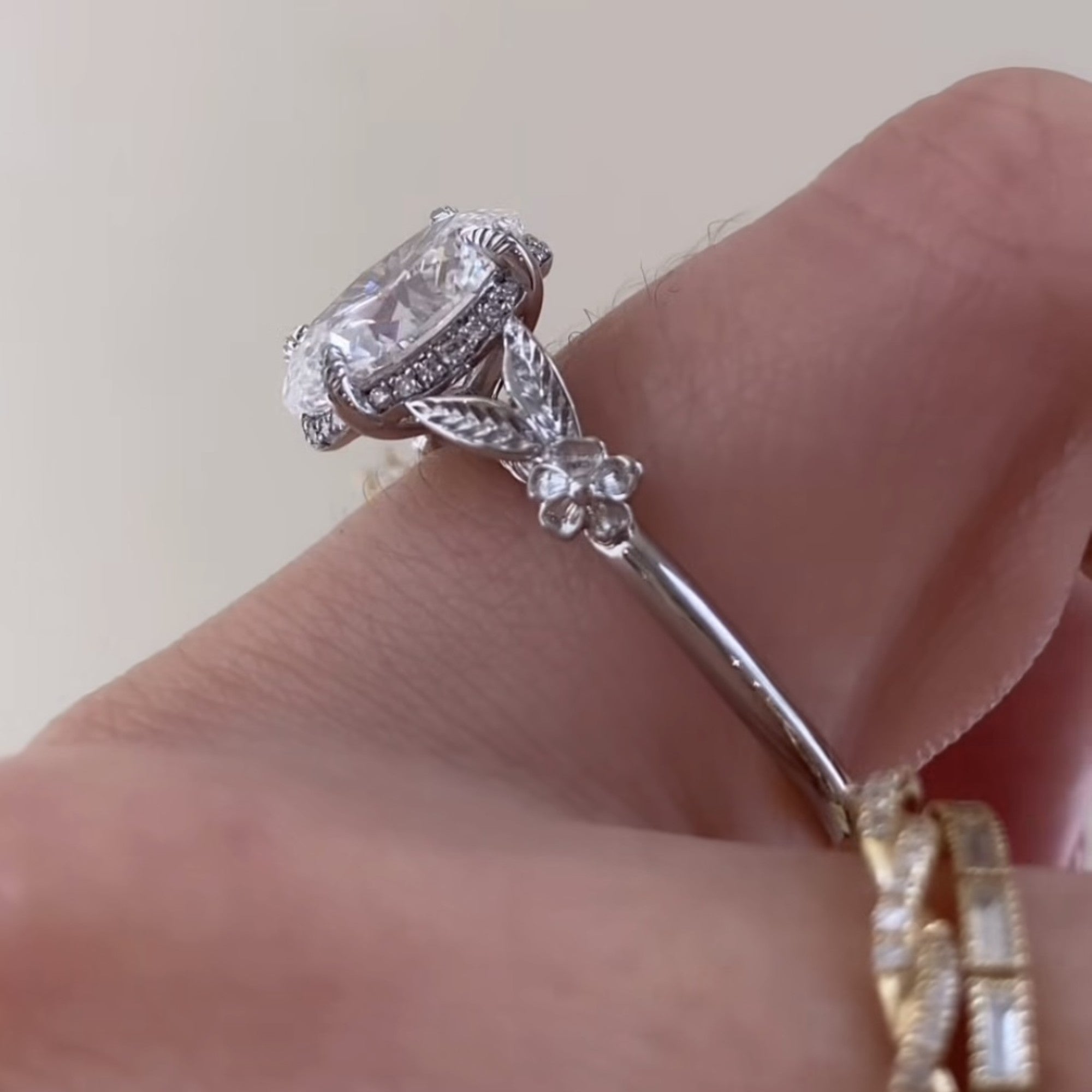 Oval Lab Grown Diamond Engagement Ring with Floral Leaf Art Deco Setting in White Gold