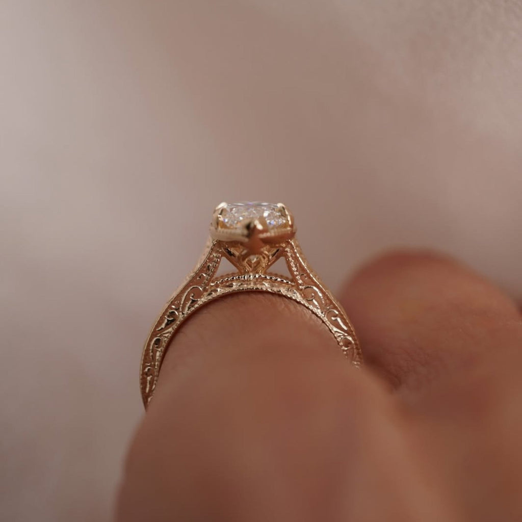 Marquise Lab Grown Diamond Engagement Ring Vintage Engraved Yellow Gold