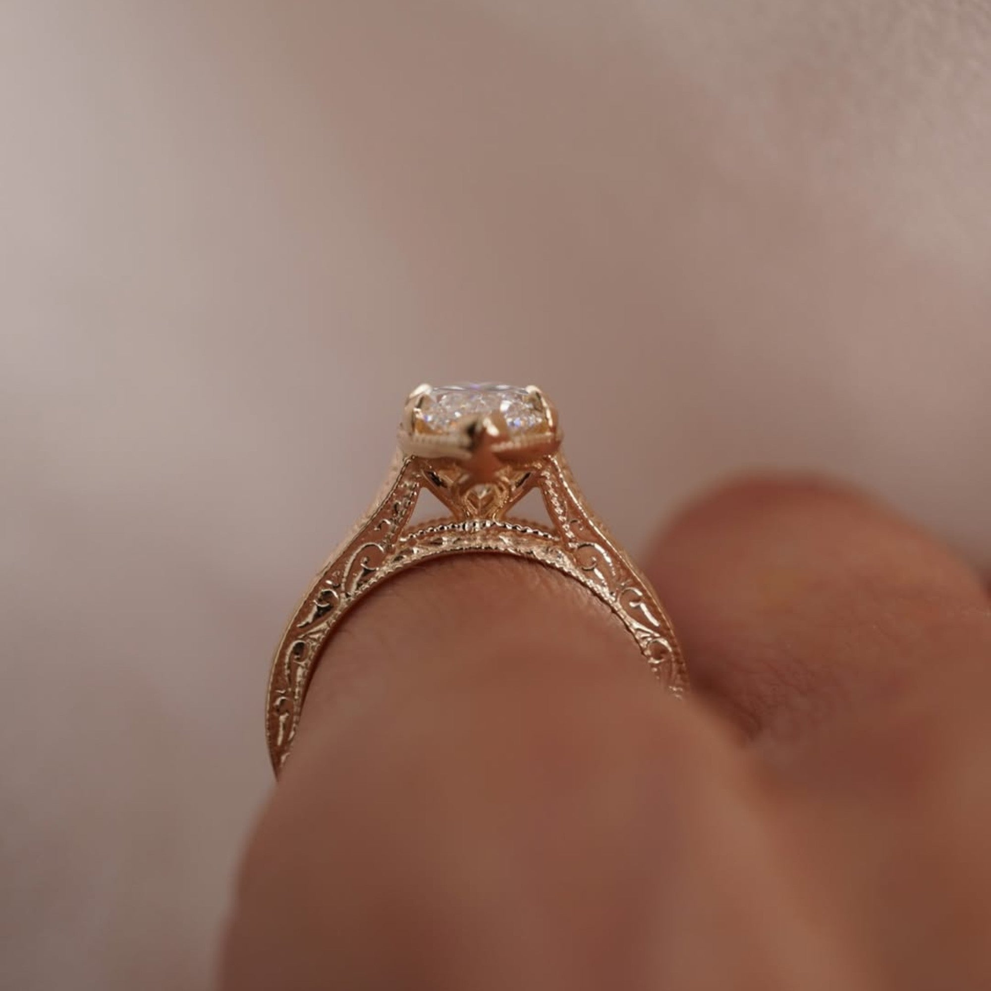 Marquise Lab Grown Diamond Engagement Ring Vintage Engraved Yellow Gold
