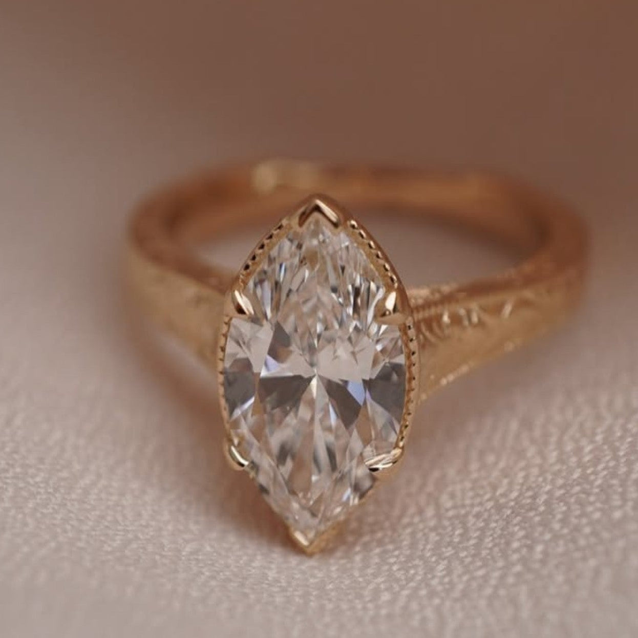 Marquise Lab Grown Diamond Engagement Ring Vintage Engraved Yellow Gold