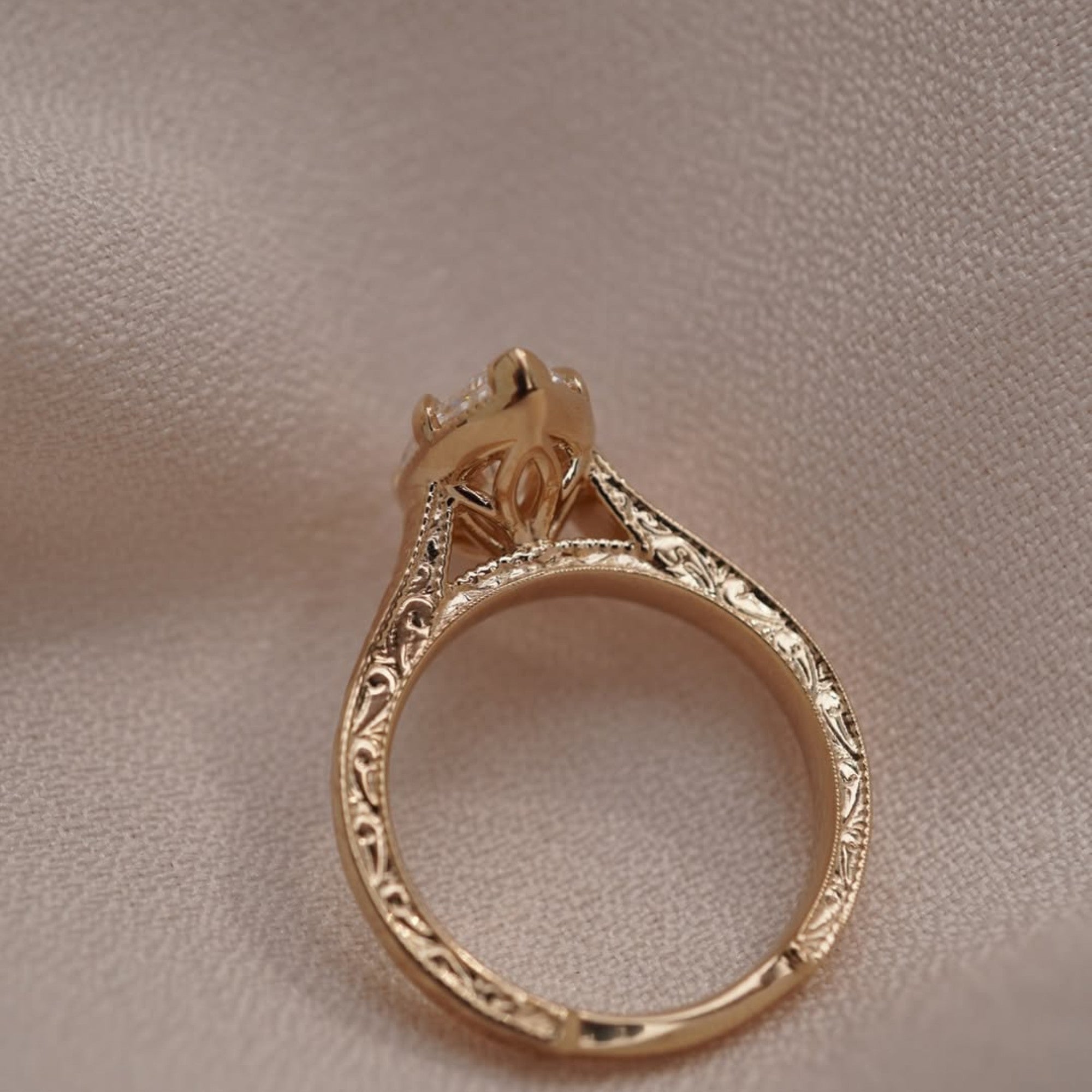 Marquise Lab Grown Diamond Engagement Ring Vintage Engraved Yellow Gold