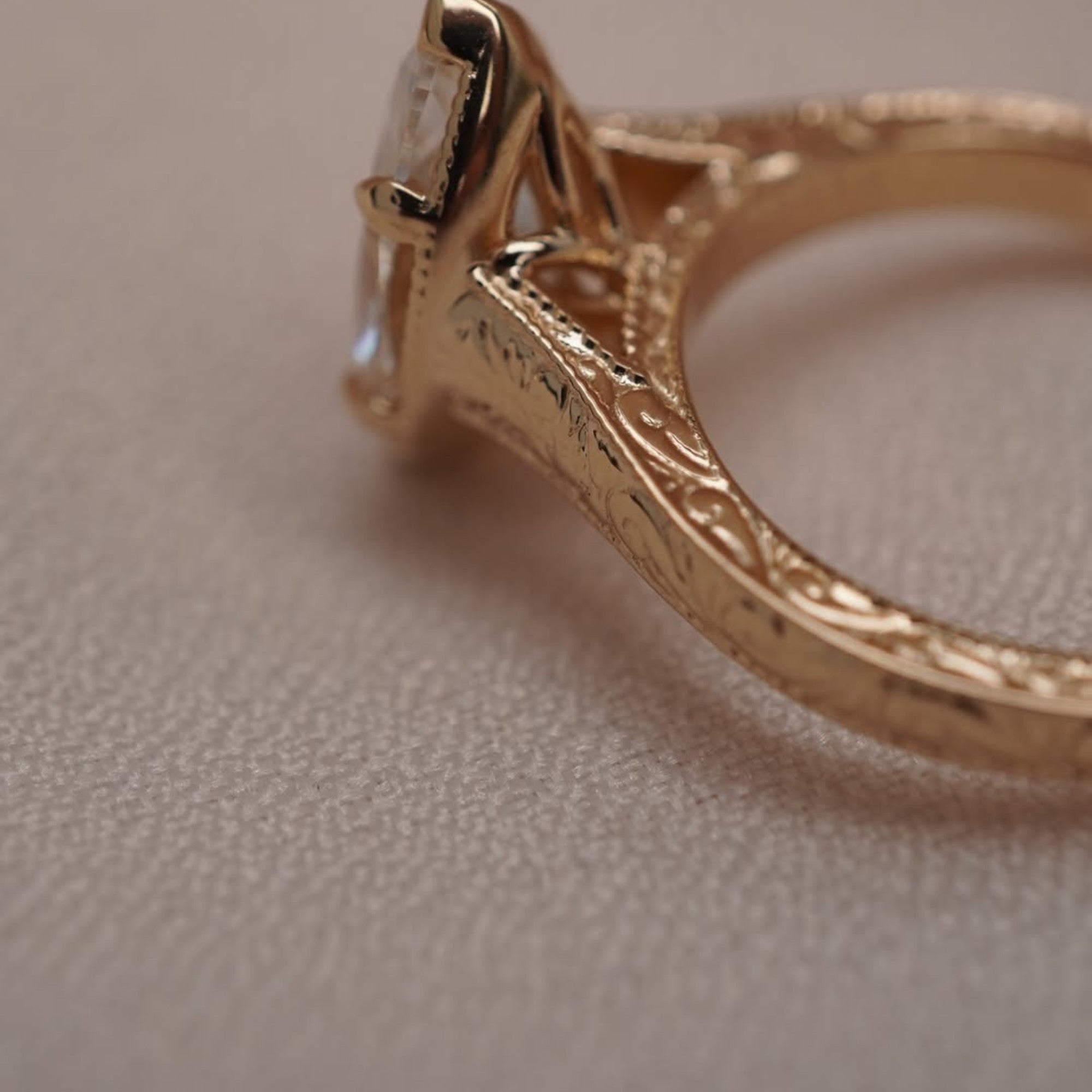 Marquise Lab Grown Diamond Engagement Ring Vintage Engraved Yellow Gold