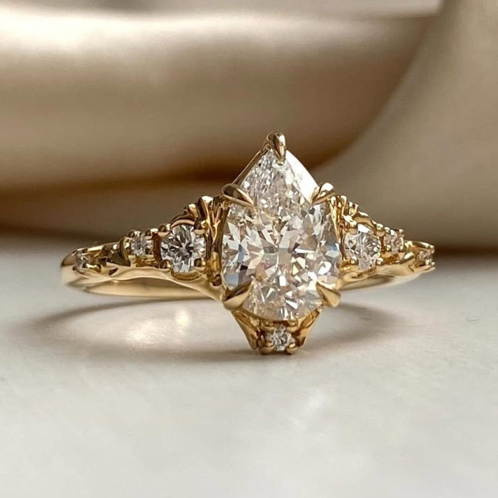 Vintage Pear Moissanite Art Deco Engagement Ring Cluster Gold Wedding Nature Inspired Ring